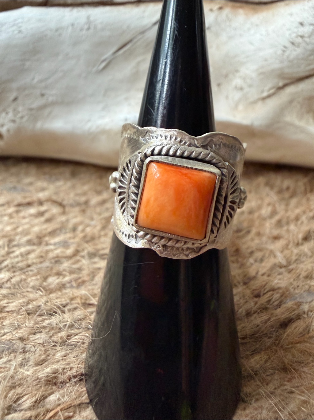 Orange Spiny Stone Sterling Silver Statement Cigar Band Ring